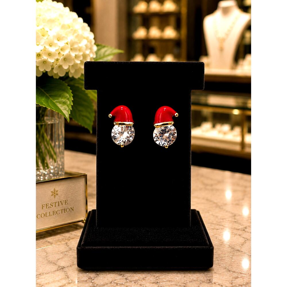 Festive Sparkling Santa Hat Earrings Golden
